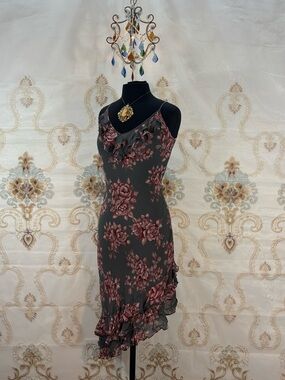 ✨Vintage Y2K Bohemian Gray Asymmetrical Ruffle Pink Floral & Beaded Maxi Dress✨